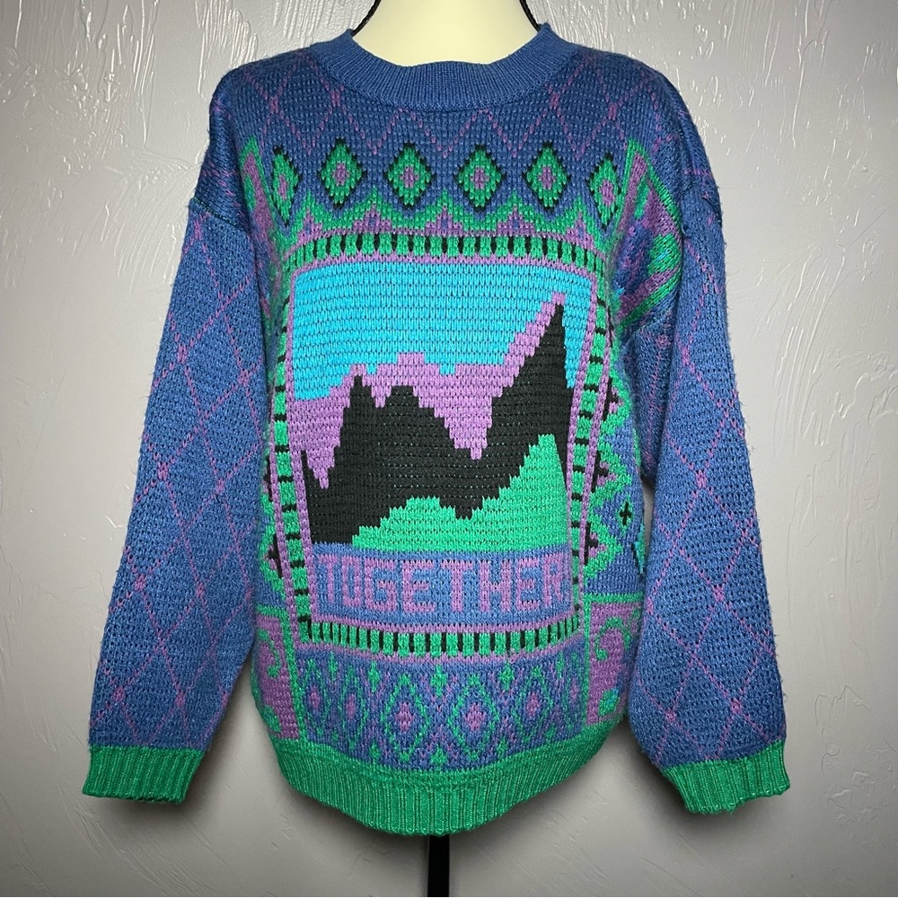 Vtg 80’s RARE Together Blue and Green Graphic Crewneck Sweater